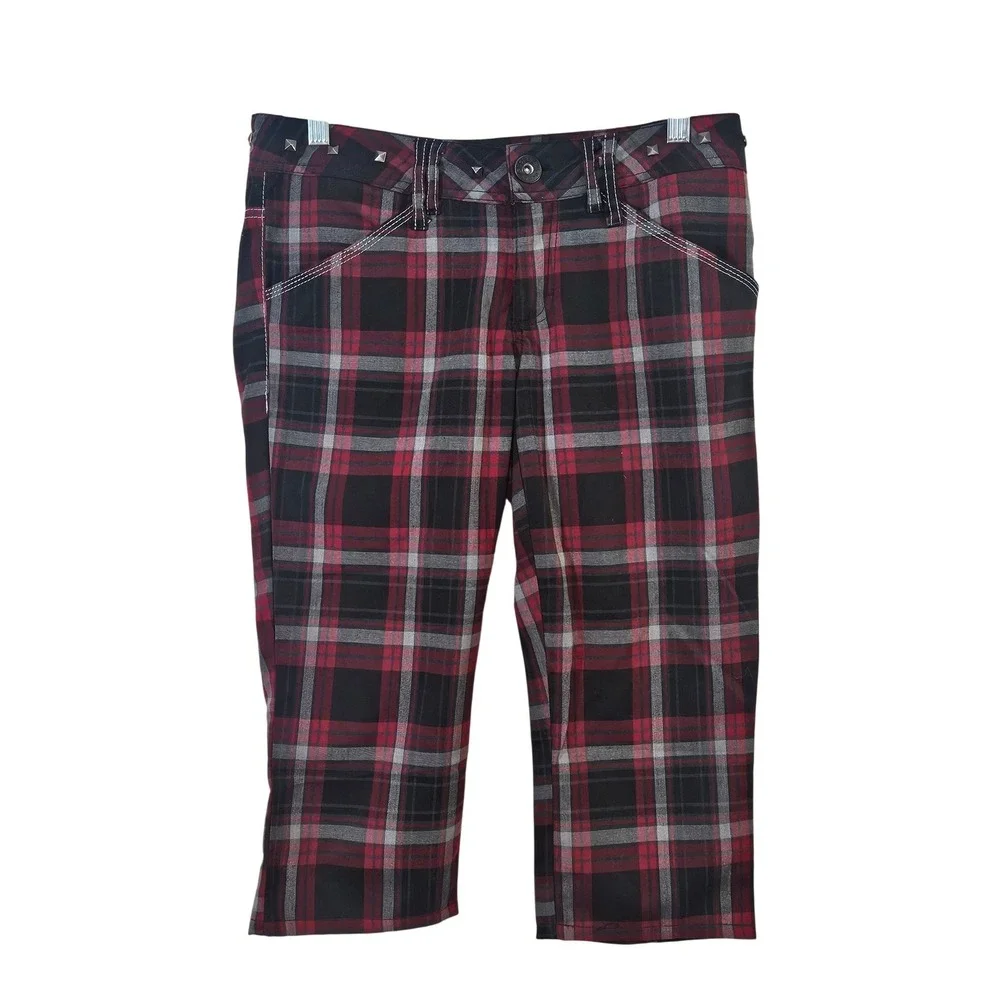 Ghosts & Angels Red Black Plaid Studded Capri Pants Womens Sz 5 Punk Grunge Y2K - Picture 3 of 6